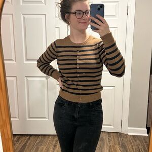 a new day Tan and Black Striped Cardigan Sweater Shirt